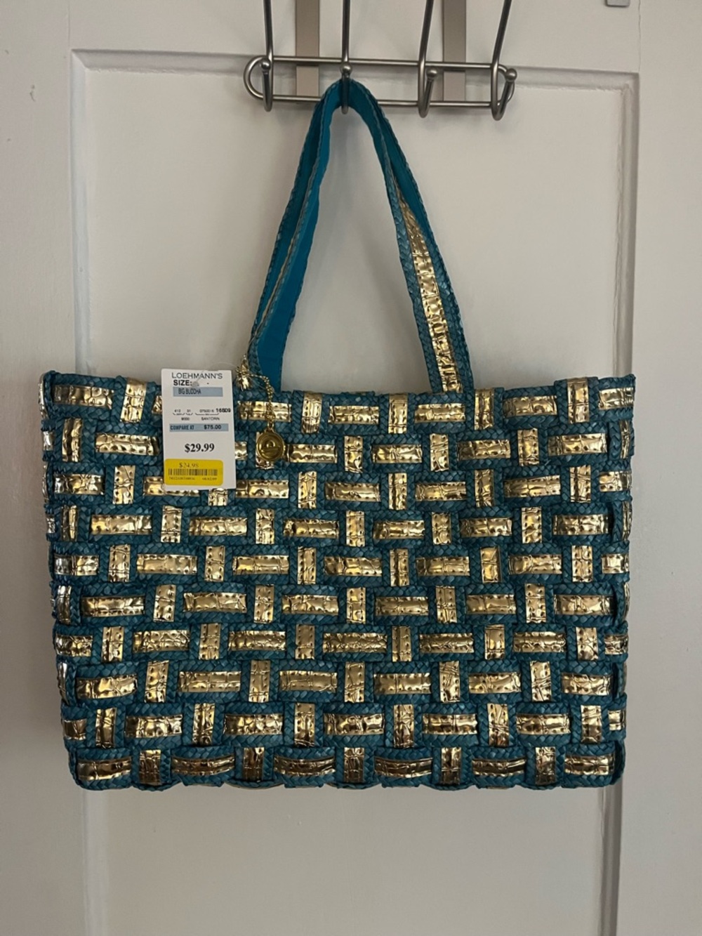 Big Buddha Teal and Gold Woven Tote